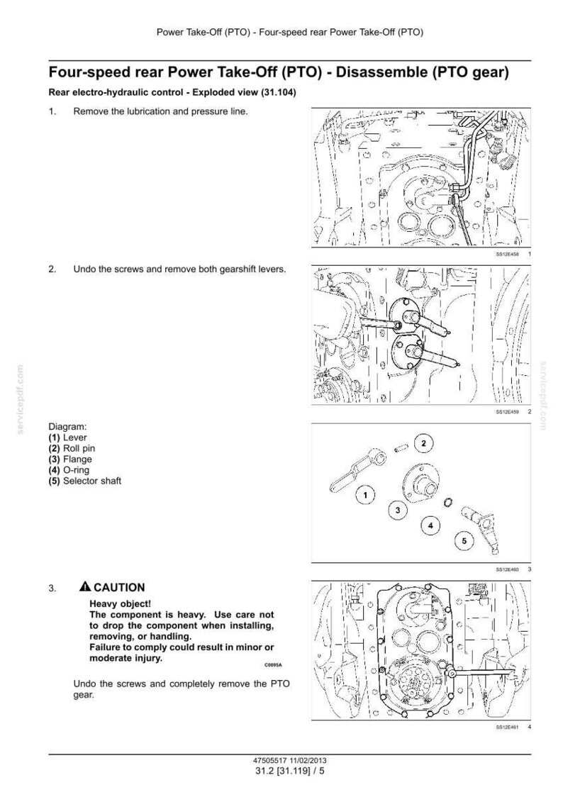 May include: Diagram illustrating the disassembly of a four-speed rear Power Take-Off (PTO). It shows exploded views of components including levers, roll pins, flanges, O-rings, and selector shafts, with a warning about heavy parts.