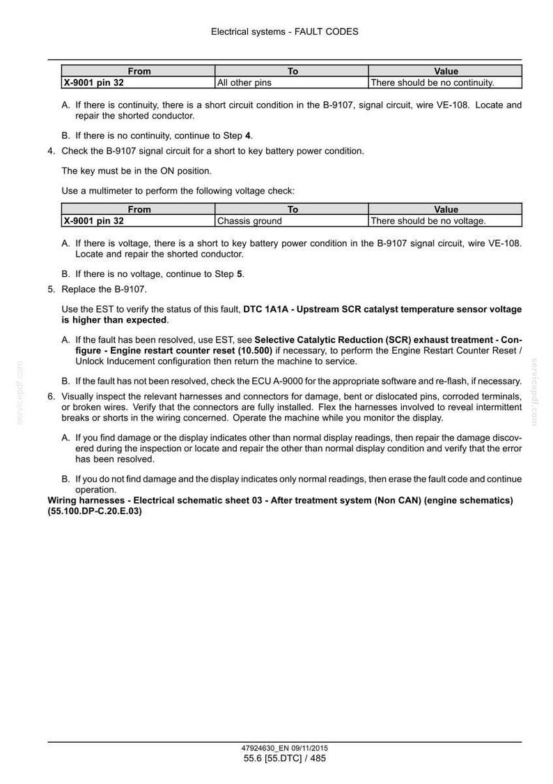 May include: A technical document titled "Electrical systems - FAULT CODES" with tables detailing fault codes, including "X-9001 pin 32." The document provides troubleshooting steps and instructions for electrical system diagnostics and repair.