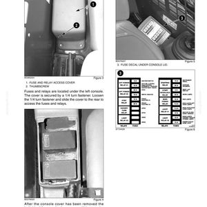 May include: Diagram of fuses and relays with labels and instructions. Includes images of the fuse and relay access cover, thumbscrew, and fuse decal under the console lid. Text explains how to access the fuses and relays.