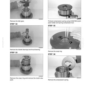 May include: A technical diagram with six steps detailing the disassembly of a mechanical component. The steps include removing gears, bearings, and springs. Text includes "Remove the idler gear" and "Remove the compression spring."
