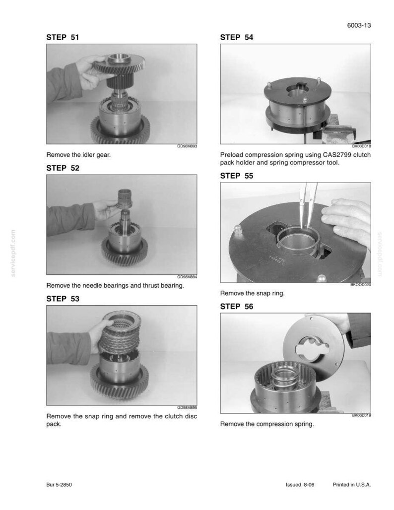 May include: A technical diagram with six steps detailing the disassembly of a mechanical component. The steps include removing gears, bearings, and springs. Text includes "Remove the idler gear" and "Remove the compression spring."