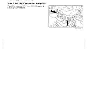 Pu&ograve; includere: Una pagina di manuale tecnico intitolata 7 - MAINTENANCE, contenente istruzioni per l'ispezione e la lubrificazione del sedile e della cintura di sicurezza. Include un disegno al tratto in bianco e nero di un sedile con frecce.