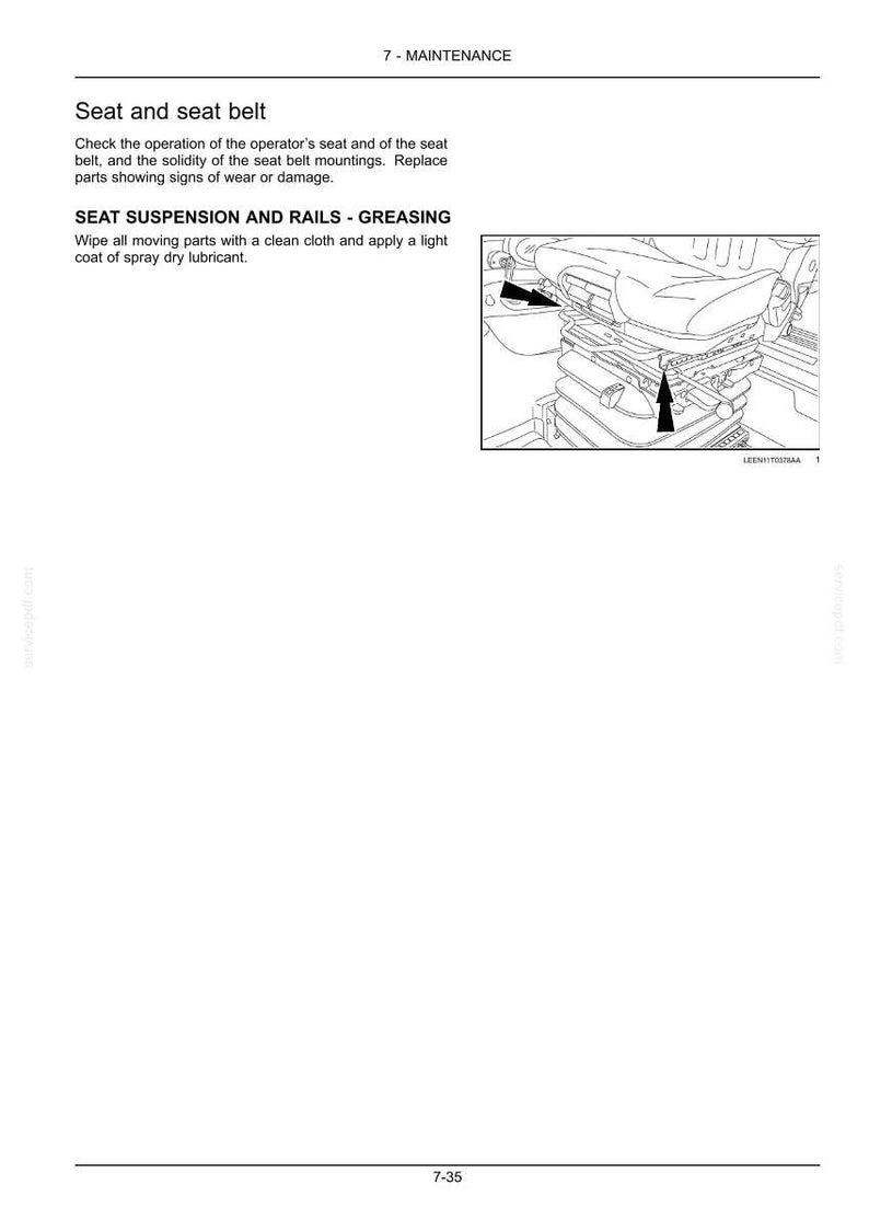 Pu&ograve; includere: Una pagina di manuale tecnico intitolata 7 - MAINTENANCE, contenente istruzioni per l'ispezione e la lubrificazione del sedile e della cintura di sicurezza. Include un disegno al tratto in bianco e nero di un sedile con frecce.