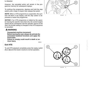 Puede incluir: Una p&aacute;gina de manual t&eacute;cnico titulada 6-WORKING OPERATIONS que contiene instrucciones de texto para las funciones HTS y EHR, una advertencia sobre el movimiento de la m&aacute;quina y dos dibujos lineales en blanco y negro con interruptores 1, 2, 3 y 4.