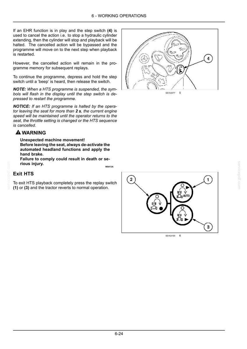Puede incluir: Una p&aacute;gina de manual t&eacute;cnico titulada 6-WORKING OPERATIONS que contiene instrucciones de texto para las funciones HTS y EHR, una advertencia sobre el movimiento de la m&aacute;quina y dos dibujos lineales en blanco y negro con interruptores 1, 2, 3 y 4.