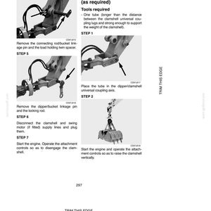 May include: Diagram of a clamshell mechanism with instructions for maintenance and adjustments. The image includes steps for placing the clamshell in a vertical position, with arrows pointing to specific parts and text descriptions.