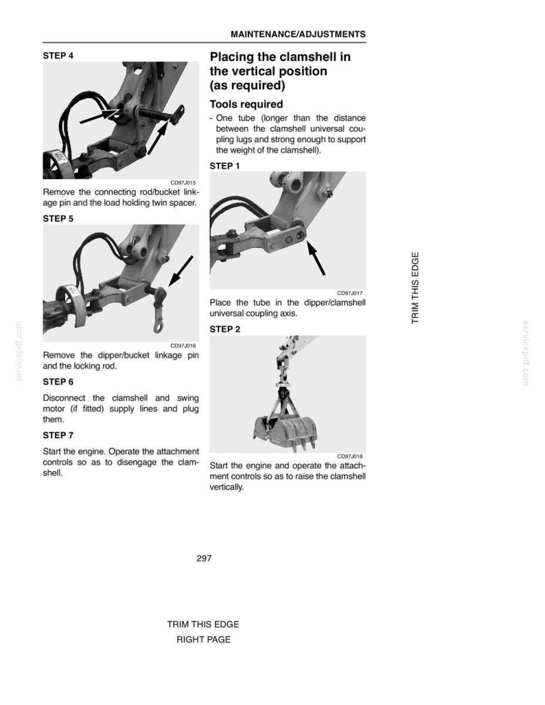 May include: Diagram of a clamshell mechanism with instructions for maintenance and adjustments. The image includes steps for placing the clamshell in a vertical position, with arrows pointing to specific parts and text descriptions.