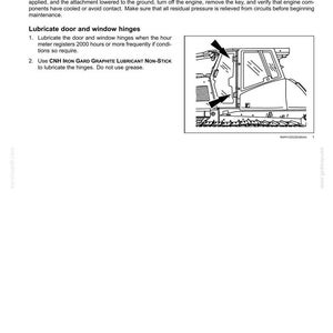 May include: Diagram of a tractor door and window with arrows indicating lubrication points. Text includes instructions for maintenance, including lubricating hinges with CNH IRON GARD GRAPHITE LUBRICANT NON-STICK.