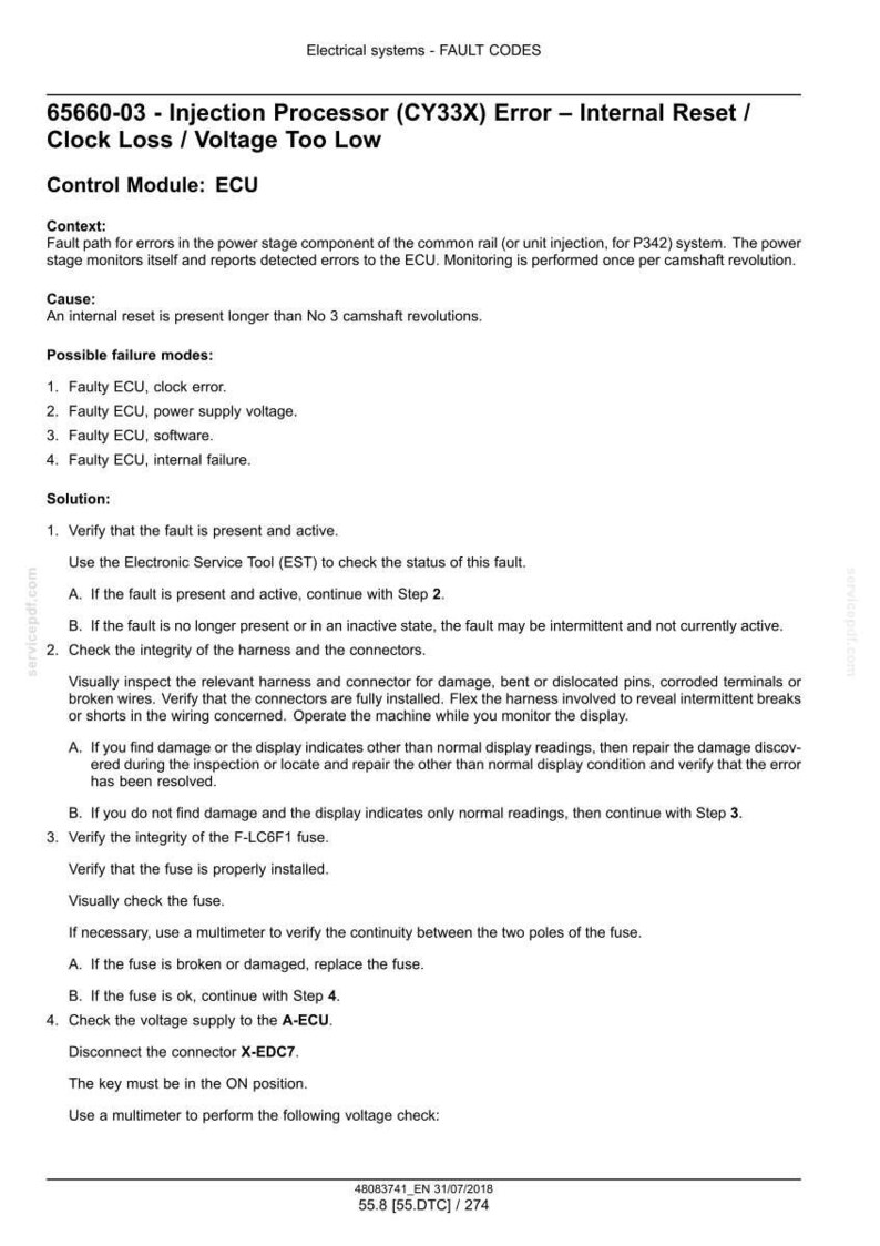 May include: A document titled "Electrical systems - FAULT CODES" with troubleshooting steps for an injection processor error. The text includes possible failure modes, solutions, and instructions for checking components.