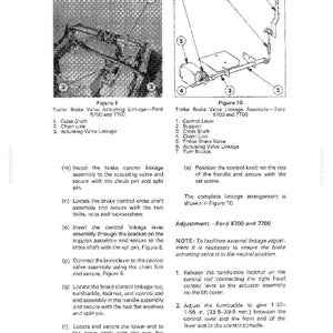 May include: Diagrams of a trailer brake valve linkage assembly for Ford 6700 and 7700 models. The diagrams show the control lever, support, cross shaft, chain link, trailer brake valve, actuating valve linkage, and turn buckle. Text is included.
