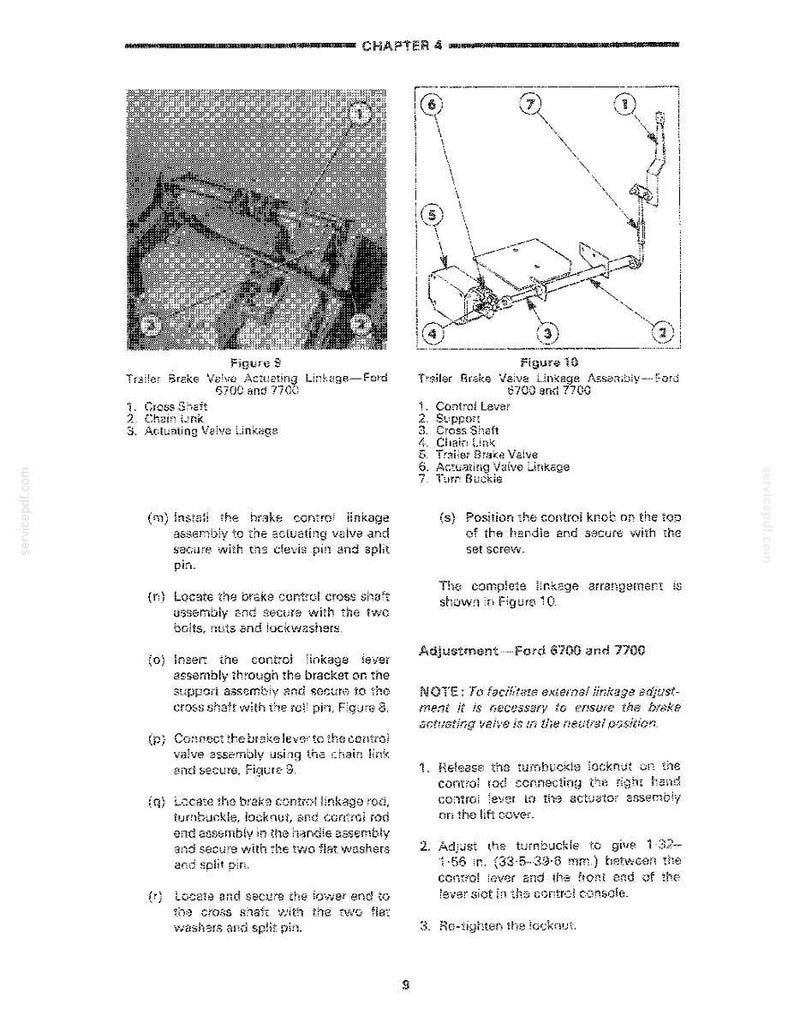 May include: Diagrams of a trailer brake valve linkage assembly for Ford 6700 and 7700 models. The diagrams show the control lever, support, cross shaft, chain link, trailer brake valve, actuating valve linkage, and turn buckle. Text is included.