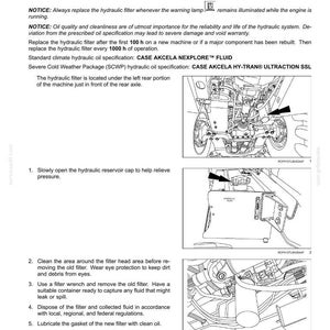 May include: Diagram of hydraulic filter maintenance instructions. Text includes "Hydraulic filter(s)" and steps for filter replacement. Includes diagrams of the machine's components and filter locations.
