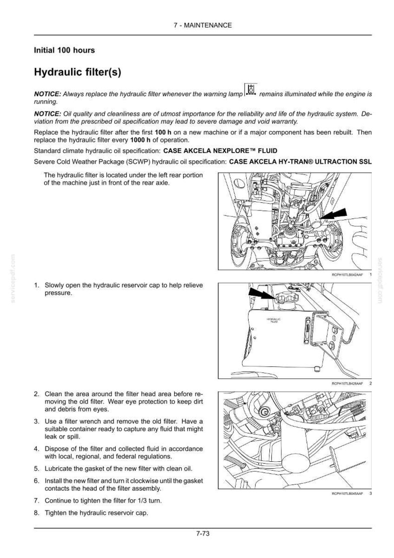 May include: Diagram of hydraulic filter maintenance instructions. Text includes "Hydraulic filter(s)" and steps for filter replacement. Includes diagrams of the machine's components and filter locations.