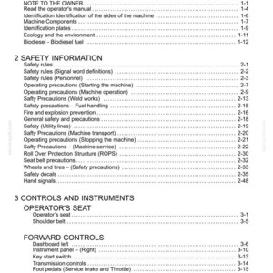 May include: A page from a manual titled "Contents" with sections on general and safety information, controls, and instruments. The text includes topics like safety rules, machine components, and operator controls.