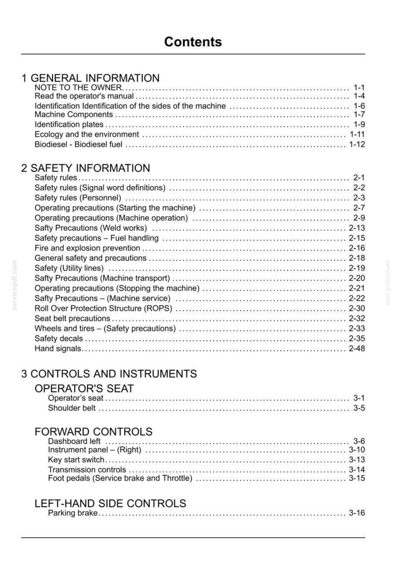 May include: A page from a manual titled "Contents" with sections on general and safety information, controls, and instruments. The text includes topics like safety rules, machine components, and operator controls.