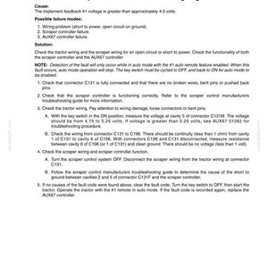 May include: A document with the title "FAULT CODE AUX67 51402 Implement Feedback #1 Out Of Range High". The text describes possible failure modes, solutions, and troubleshooting steps for a tractor's implement feedback system. The document is printed on white paper.