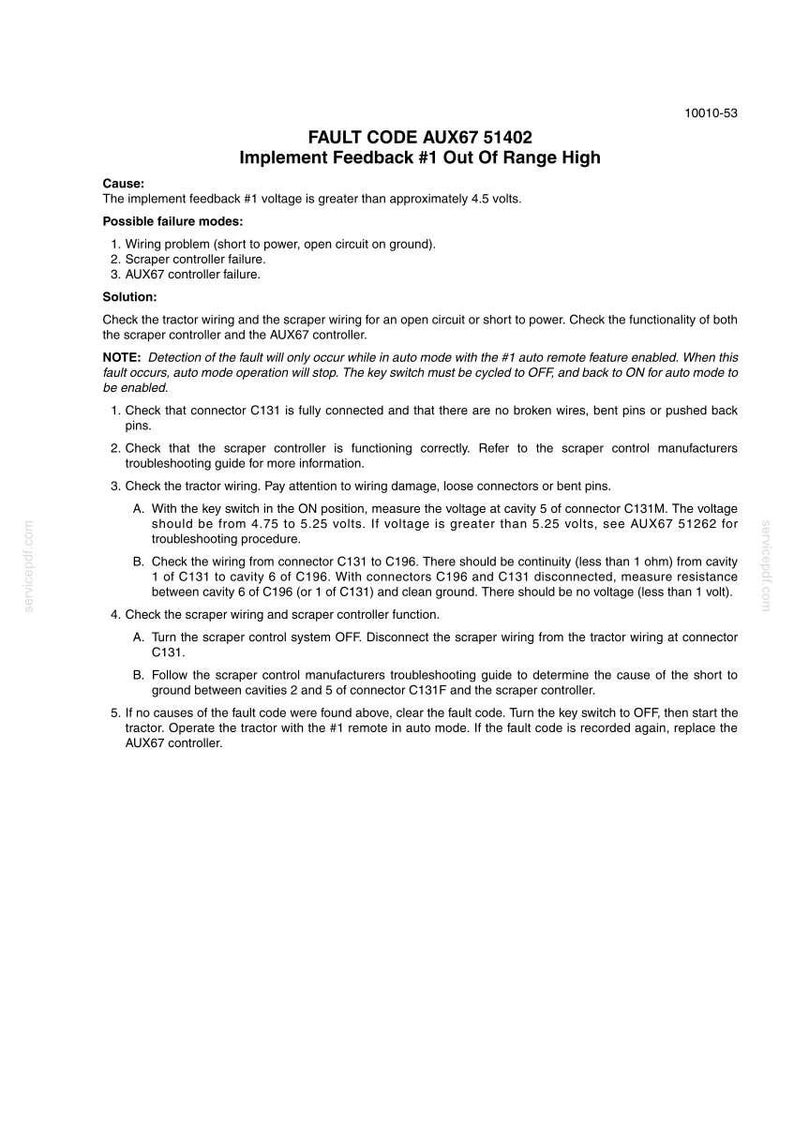 May include: A document with the title "FAULT CODE AUX67 51402 Implement Feedback #1 Out Of Range High". The text describes possible failure modes, solutions, and troubleshooting steps for a tractor's implement feedback system. The document is printed on white paper.