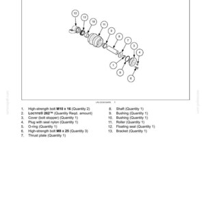Op de afbeelding: Een explosietekening van een rupsbandsteunrol, met verschillende componenten zoals bouten, bussen, een rol en afdichtingen. De tekening bevat labels en afmetingen voor elk onderdeel, wat een gedetailleerde technische illustratie biedt.