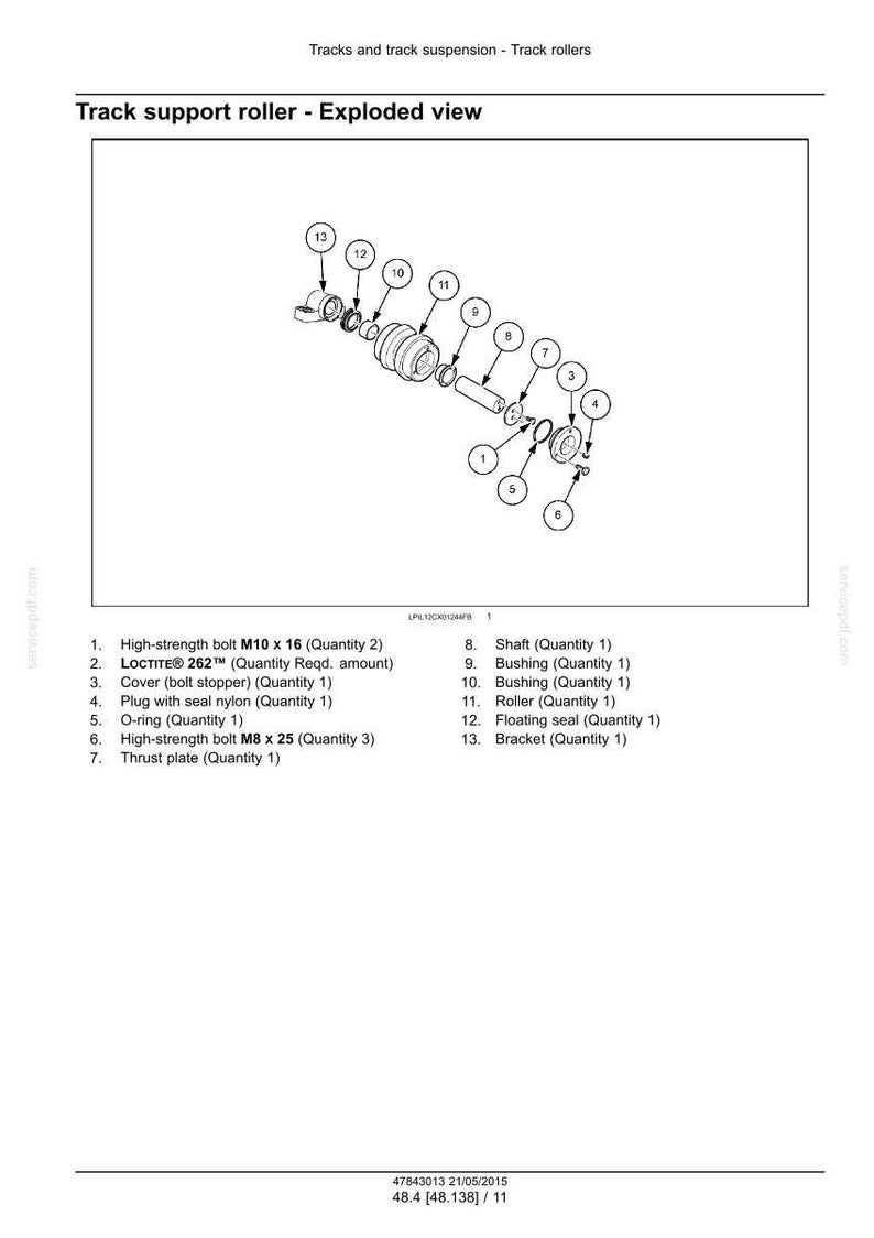 Op de afbeelding: Een explosietekening van een rupsbandsteunrol, met verschillende componenten zoals bouten, bussen, een rol en afdichtingen. De tekening bevat labels en afmetingen voor elk onderdeel, wat een gedetailleerde technische illustratie biedt.