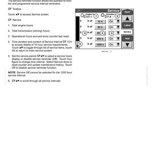 May include: A technical manual page titled 3-CONTROLS AND INSTRUMENTS detailing the Programming a Service Reminder function. It includes text instructions and a grayscale digital interface graphic showing service intervals in hours and status toggles.