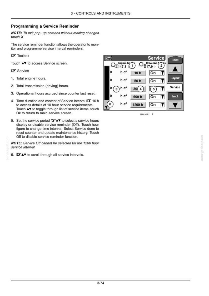 May include: A technical manual page titled 3-CONTROLS AND INSTRUMENTS detailing the Programming a Service Reminder function. It includes text instructions and a grayscale digital interface graphic showing service intervals in hours and status toggles.