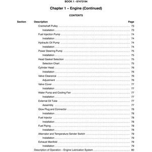May include: A manual page titled "SECTION 10 - ENGINE" showing a table of contents for engine parts. The list includes "Crankshaft Pulley" and "Fuel Injection Pump", with page numbers. The book's number is 1-87473194.
