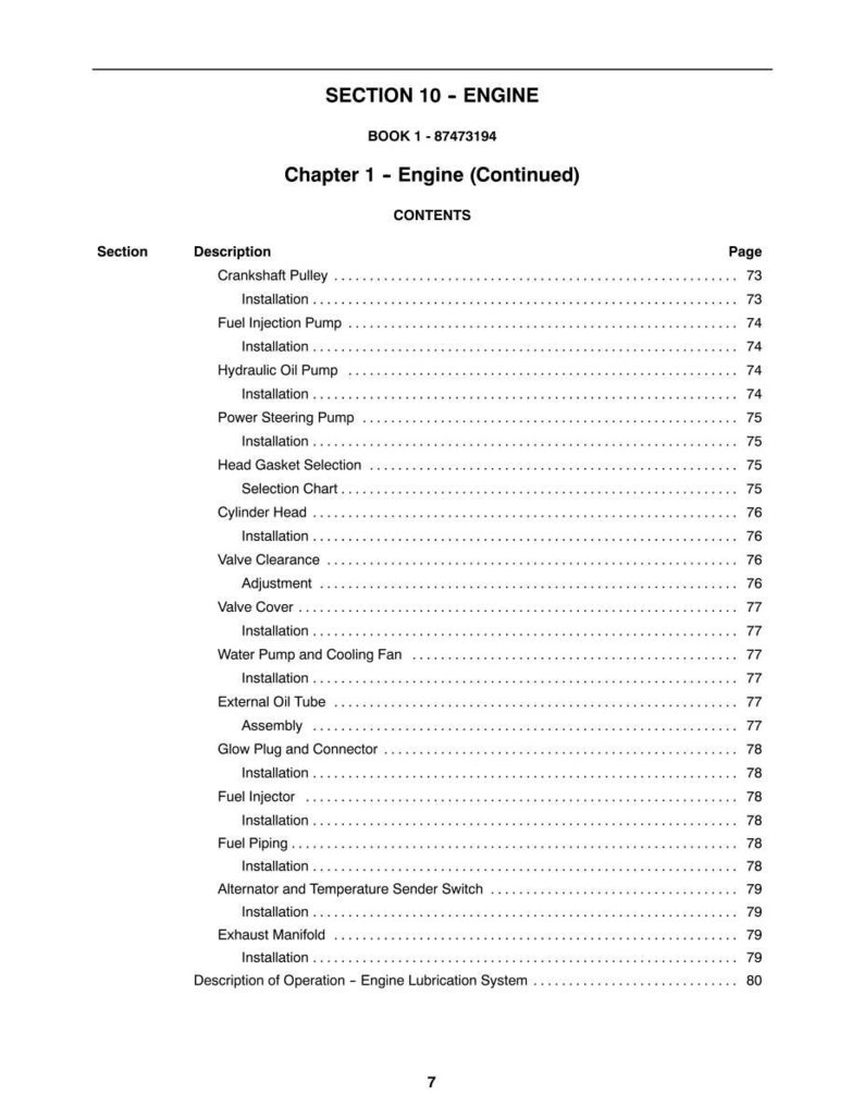 May include: A manual page titled "SECTION 10 - ENGINE" showing a table of contents for engine parts. The list includes "Crankshaft Pulley" and "Fuel Injection Pump", with page numbers. The book's number is 1-87473194.