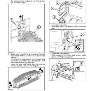 May include: Diagram illustrating the removal and installation of a shoe assembly. The image shows step-by-step instructions with numbered components and arrows, including raising the lower side frame, aligning the track shoe, and inserting pins.