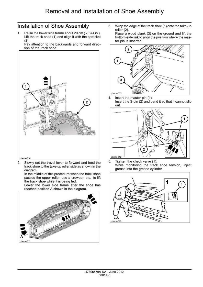 May include: Diagram illustrating the removal and installation of a shoe assembly. The image shows step-by-step instructions with numbered components and arrows, including raising the lower side frame, aligning the track shoe, and inserting pins.