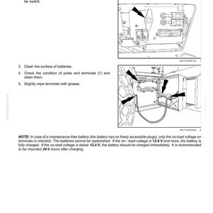 May include: Diagram illustrating battery maintenance steps. Includes instructions to stop the engine, disconnect the electric system, clean battery surfaces, check terminals, and wipe with grease. Text also provides voltage guidelines.