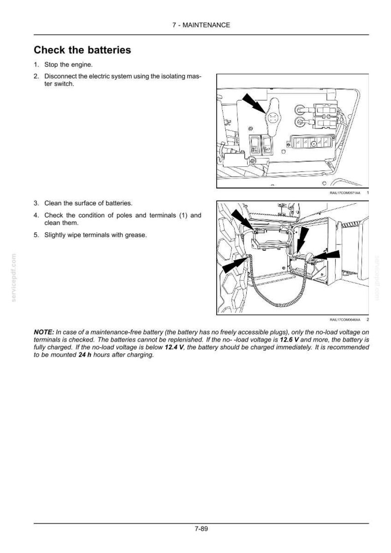 May include: Diagram illustrating battery maintenance steps. Includes instructions to stop the engine, disconnect the electric system, clean battery surfaces, check terminals, and wipe with grease. Text also provides voltage guidelines.