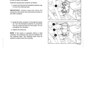 May include: A technical manual page titled 5 - OPERATING INSTRUCTIONS, detailing the Starting Fluid Container Replacement for T9060 models. It includes black and white line drawings showing the metering head, container, and clamp assembly.