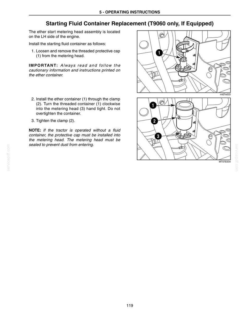 May include: A technical manual page titled 5 - OPERATING INSTRUCTIONS, detailing the Starting Fluid Container Replacement for T9060 models. It includes black and white line drawings showing the metering head, container, and clamp assembly.