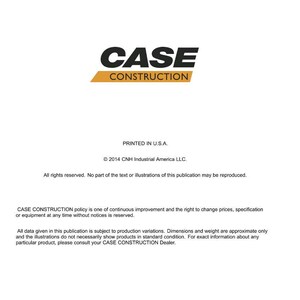 Op de afbeelding: Wit document met het "CASE CONSTRUCTION" logo in zwart en goud. De tekst bevat het adres van het bedrijf in Racine, Wisconsin, en copyrightinformatie. Het is een technische publicatie.