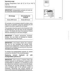 May include: Page from a maintenance manual detailing biodegradable hydraulic oil specifications. Includes operating range, instructions, and oil change/sampling intervals. Features a diagram of a bottle and a schematic.