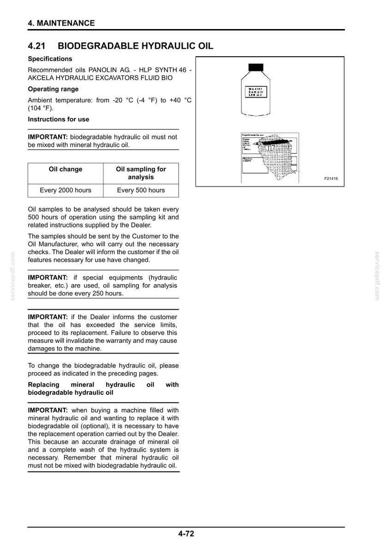 May include: Page from a maintenance manual detailing biodegradable hydraulic oil specifications. Includes operating range, instructions, and oil change/sampling intervals. Features a diagram of a bottle and a schematic.