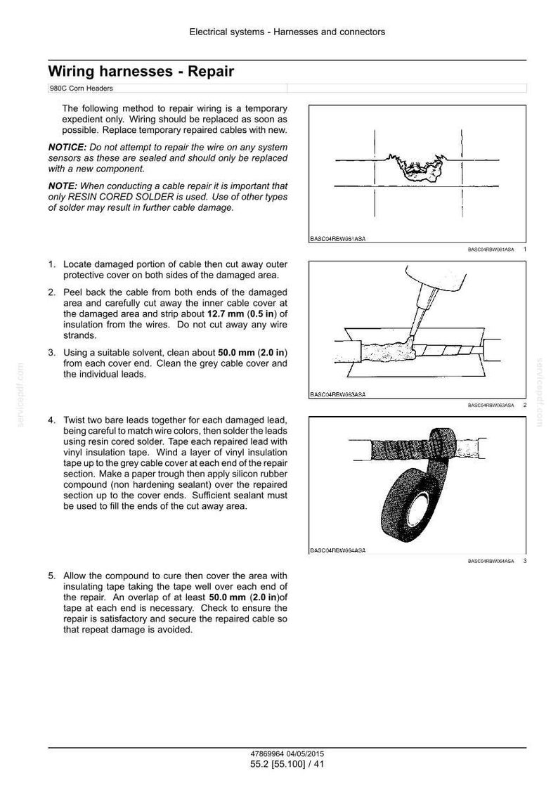 Puede incluir: Diagrama de los pasos para reparar el cableado el&eacute;ctrico. Las instrucciones incluyen cortar, pelar, soldar y encintar los cables. Se muestra un rollo de cinta aislante negra. Medidas en mil&iacute;metros.