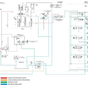 May include: A technical diagram of a tractor loader, model S70NXT, with RAC 47430252. The schematic uses coloured lines to illustrate functions such as single section pump output, reduced flow, and return to tank/sump.