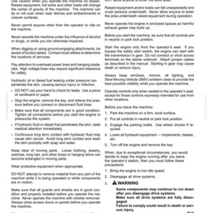May include: A black and white document page titled 2 - SAFETY INFORMATION containing general safety rules for operating machinery. The text outlines precautions for slopes, engine operation, hydraulic systems, moving parts, and parking procedures.