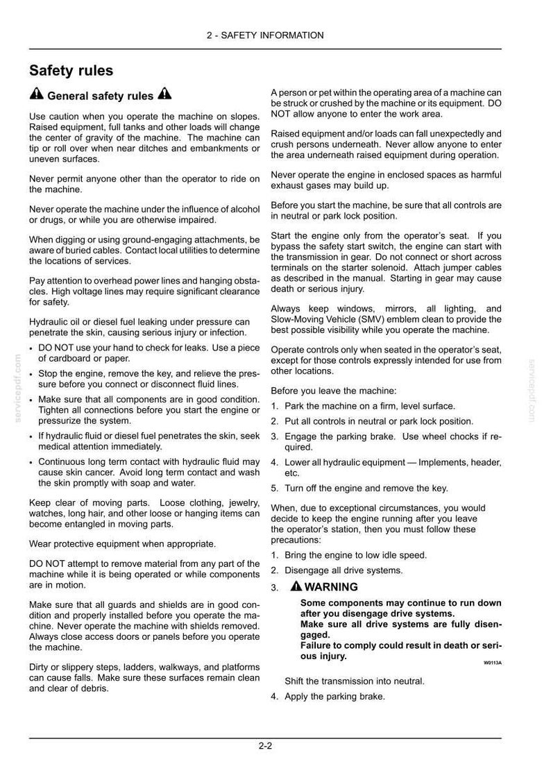May include: A black and white document page titled 2 - SAFETY INFORMATION containing general safety rules for operating machinery. The text outlines precautions for slopes, engine operation, hydraulic systems, moving parts, and parking procedures.