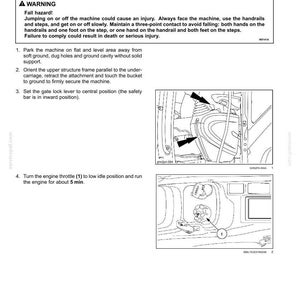 May include: Diagram from an operating manual showing instructions for parking a machine. The text includes a warning about fall hazards and steps for parking the unit, with illustrations of the machine's components.
