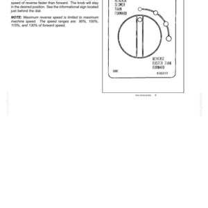 May include: Diagram of a reverse to forward speed ratio control dial. The dial has a circular design with a knob and markings indicating speed adjustments. Text includes "Reverse Slower Than Forward" and "Reverse Faster Than Forward."