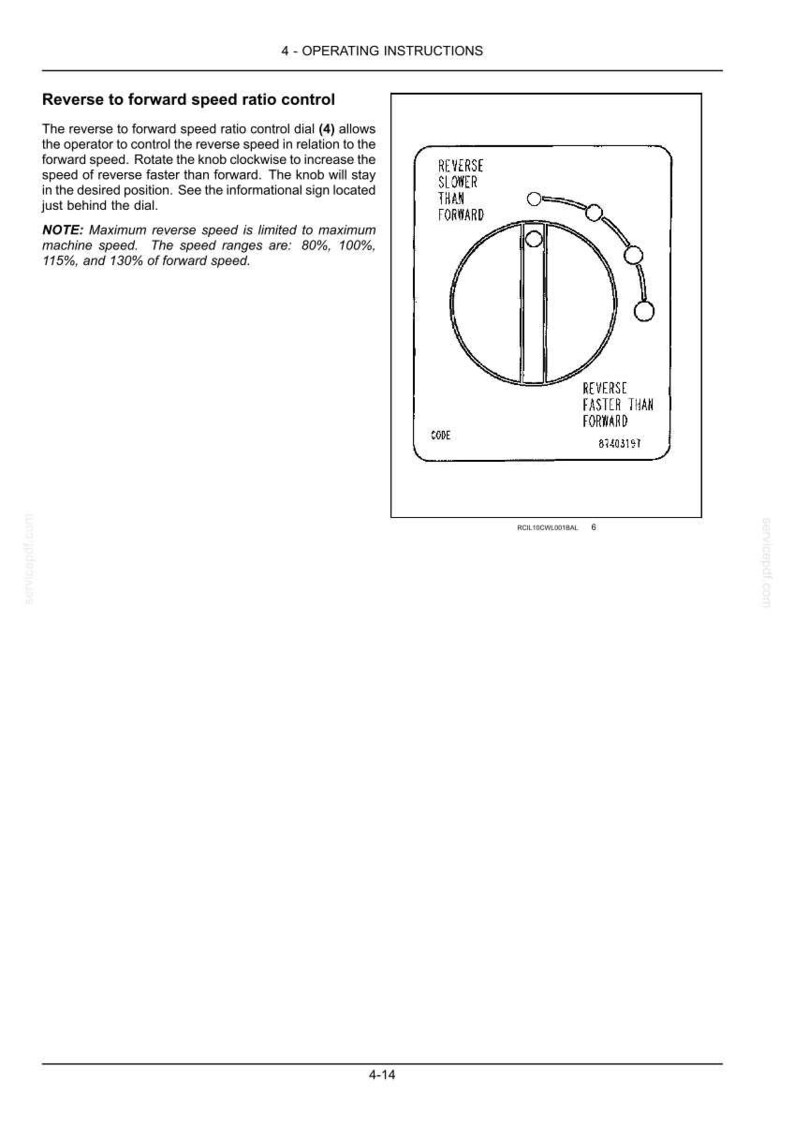 May include: Diagram of a reverse to forward speed ratio control dial. The dial has a circular design with a knob and markings indicating speed adjustments. Text includes "Reverse Slower Than Forward" and "Reverse Faster Than Forward."