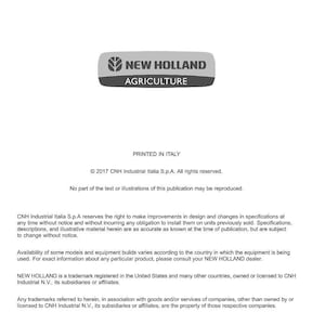 Puede incluir: Un documento blanco con el texto "NEW HOLLAND AGRICULTURE" en una pancarta gris. El documento incluye informaci&oacute;n sobre publicaciones t&eacute;cnicas, derechos de autor y marcas registradas.