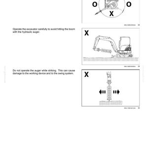 May include: A technical manual page titled 9 - ACCESSORIES featuring three diagrams. The first shows an auger operation zone with X and O markers. The second shows an excavator with a hydraulic auger. The third shows an auger with directional arrows.