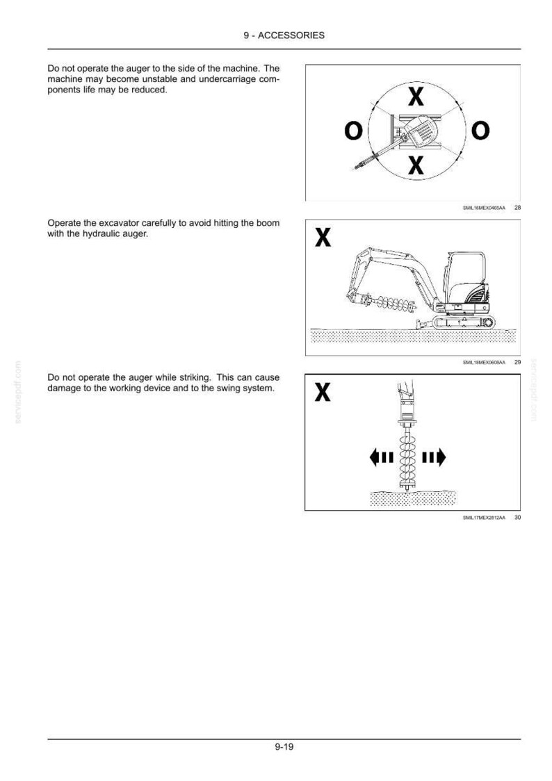 May include: A technical manual page titled 9 - ACCESSORIES featuring three diagrams. The first shows an auger operation zone with X and O markers. The second shows an excavator with a hydraulic auger. The third shows an auger with directional arrows.