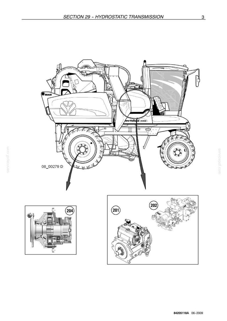 May include: Diagram of a hydrostatic transmission system, featuring a detailed illustration of a Braud machine. The image includes close-ups of various components, labeled with numbers, and the text "SECTION 29 - HYDROSTATIC TRANSMISSION".
