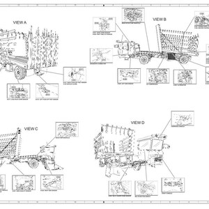 May include: Detailed technical diagram of a dump truck, showcasing various views (A, B, C, D) with labeled components and diagrams. The image is a black and white line drawing, providing a comprehensive overview of the vehicle's structure and parts.