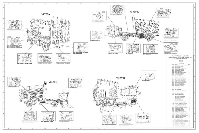 May include: Detailed technical diagram of a dump truck, showcasing various views (A, B, C, D) with labeled components and diagrams. The image is a black and white line drawing, providing a comprehensive overview of the vehicle's structure and parts.