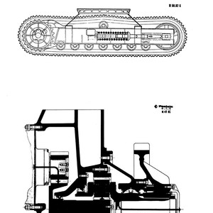 May include: Technical illustration of a tank, showing a side view and internal components. The top image depicts the tank's exterior, while the bottom image shows a detailed cross-section of its engine or internal mechanisms. The images are in black and white.